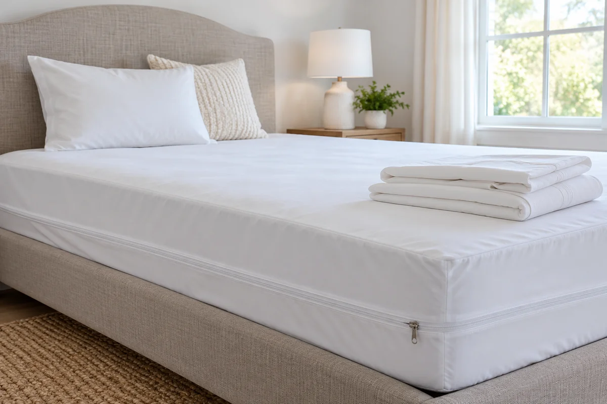 Mattress encasement on a rental guest bed