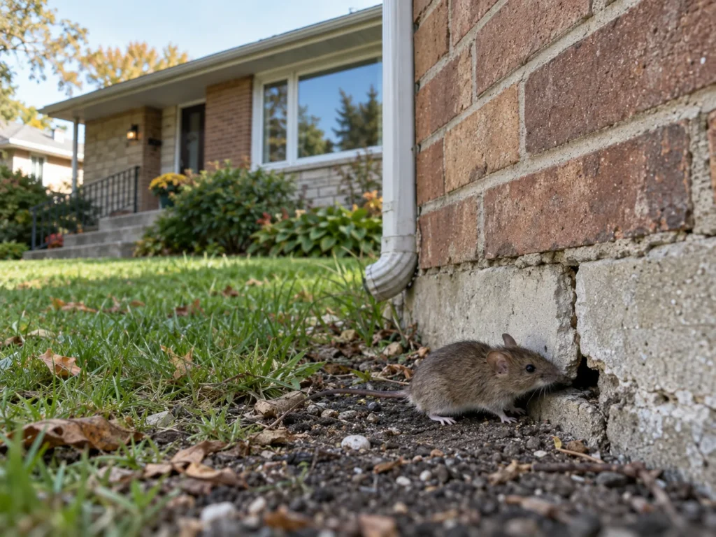 Mouse near a foundation gap at an older Aurora Heights-style bungalow