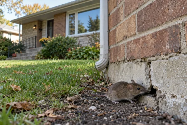 Mouse near a foundation gap at an older Aurora Heights-style bungalow