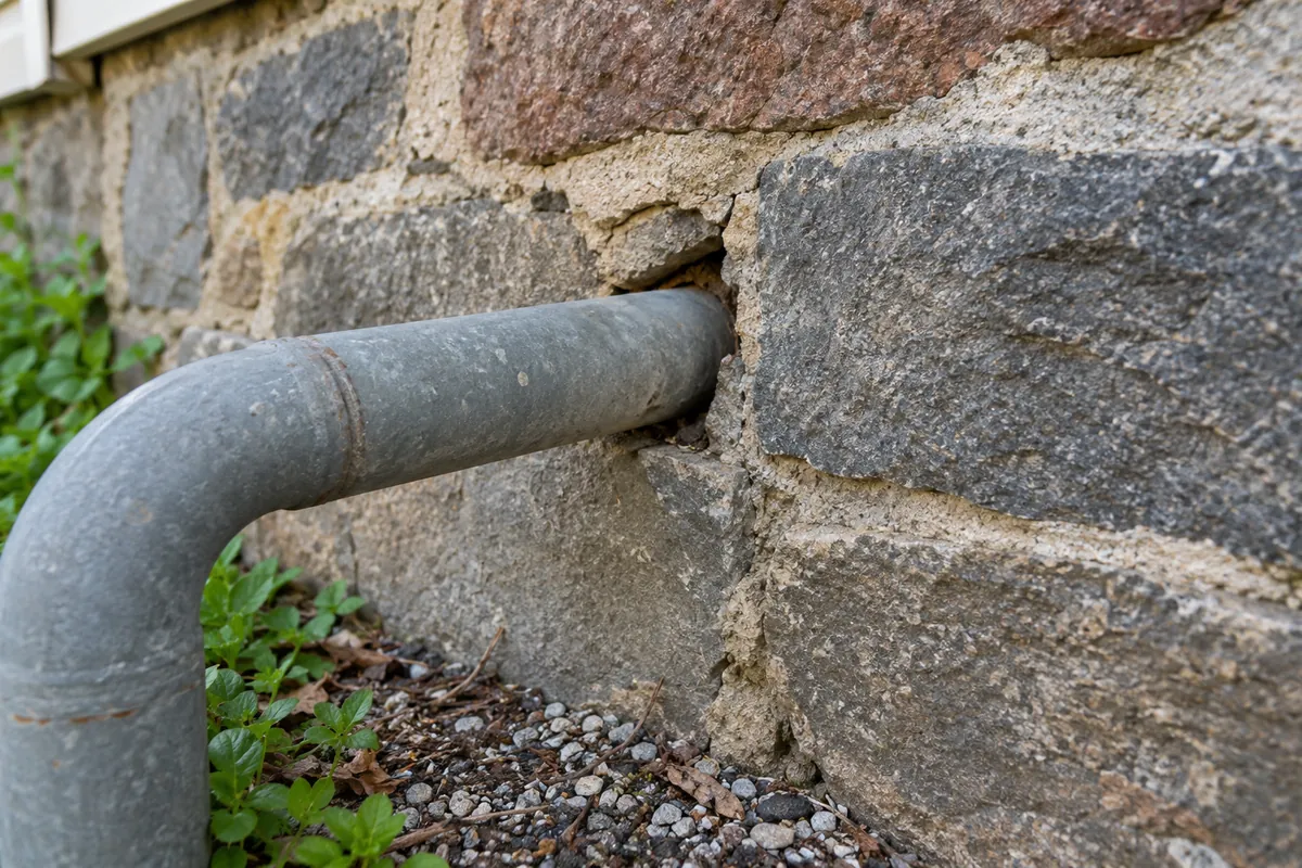 Gap around a pipe in an old stone foundation