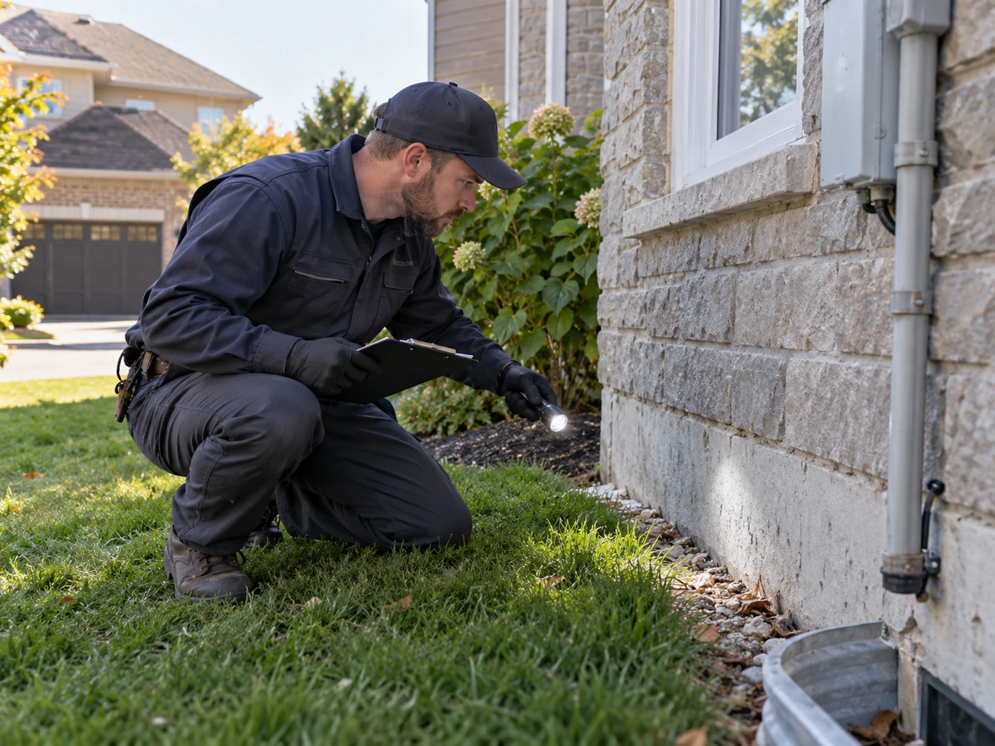 Pest control technician inspecting an exterior foundation or shed line at an Aurora property