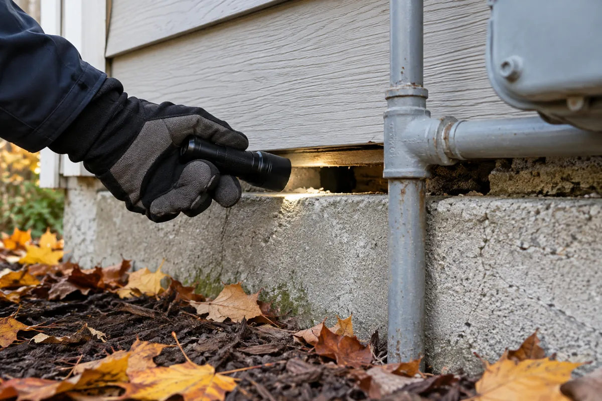 Pest control inspection of a gap near a house foundation