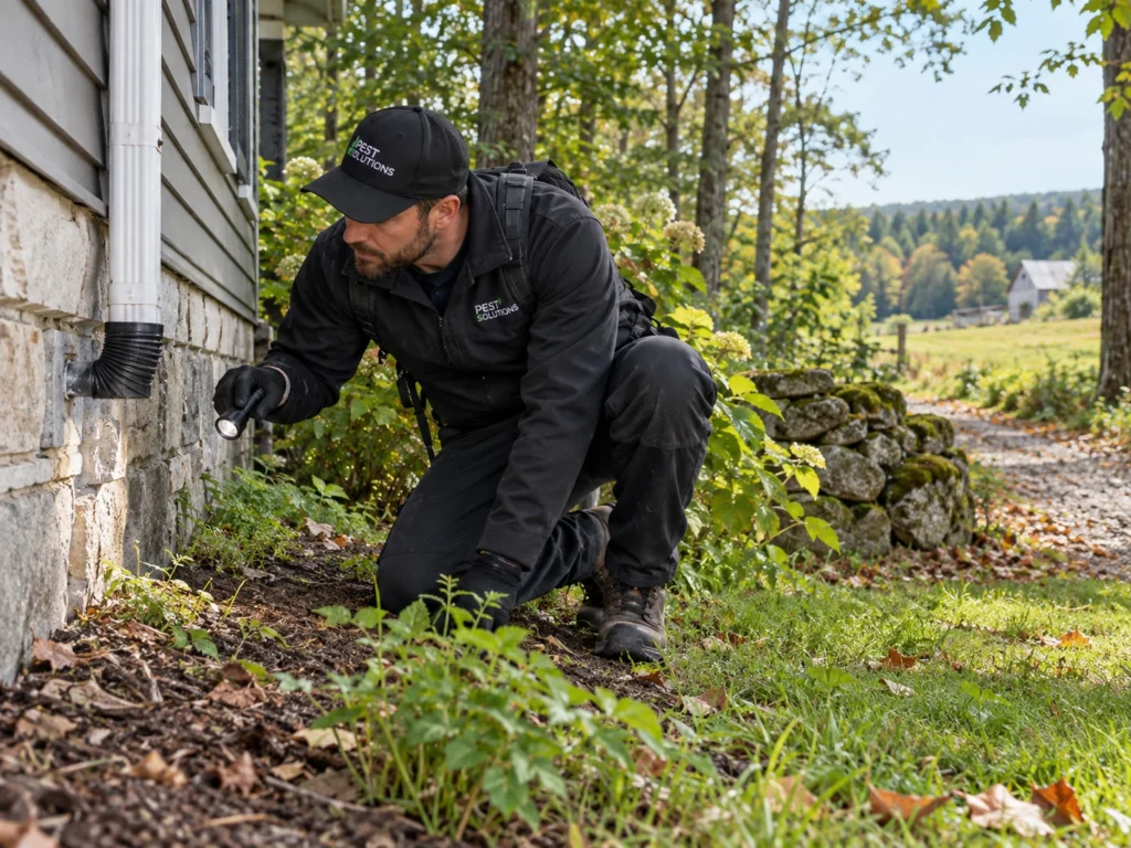 Pest control technician inspecting a foundation or treeline at a rural Uxbridge property