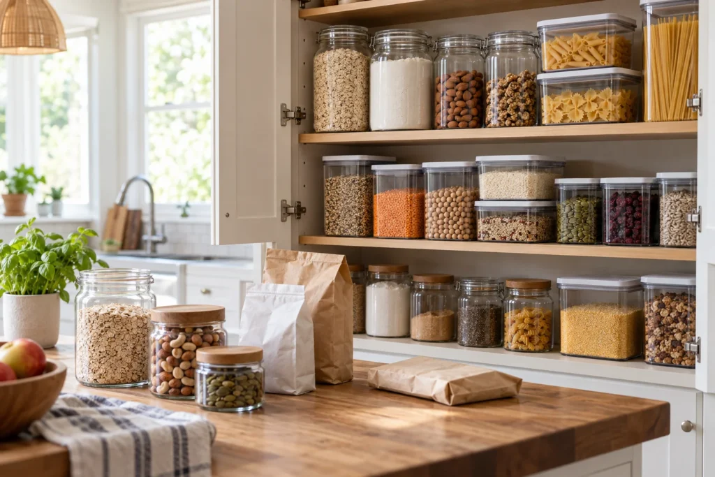 Dry foods in tightly closed containers inside a kitchen pantry cupboard