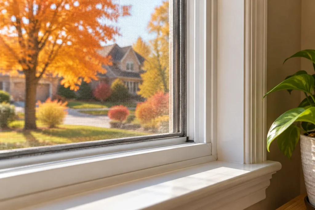 Window screen and white frame with autumn foliage visible outside