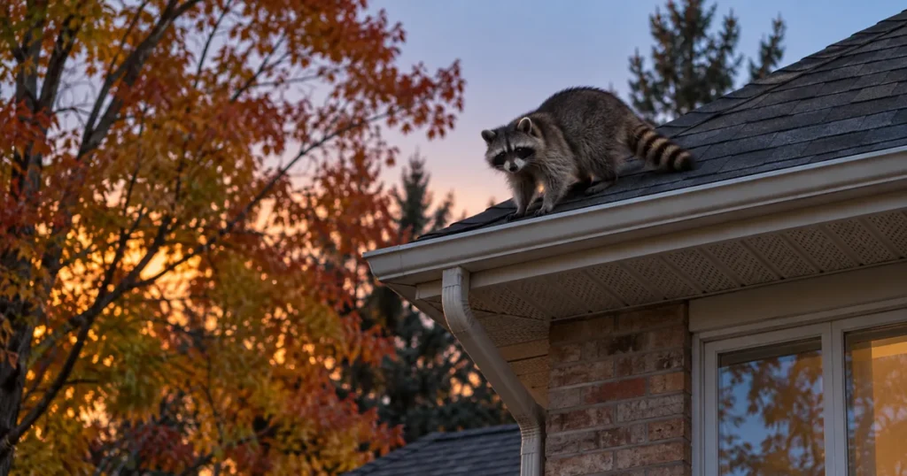 Raccoon on the roofline of a Whitby home