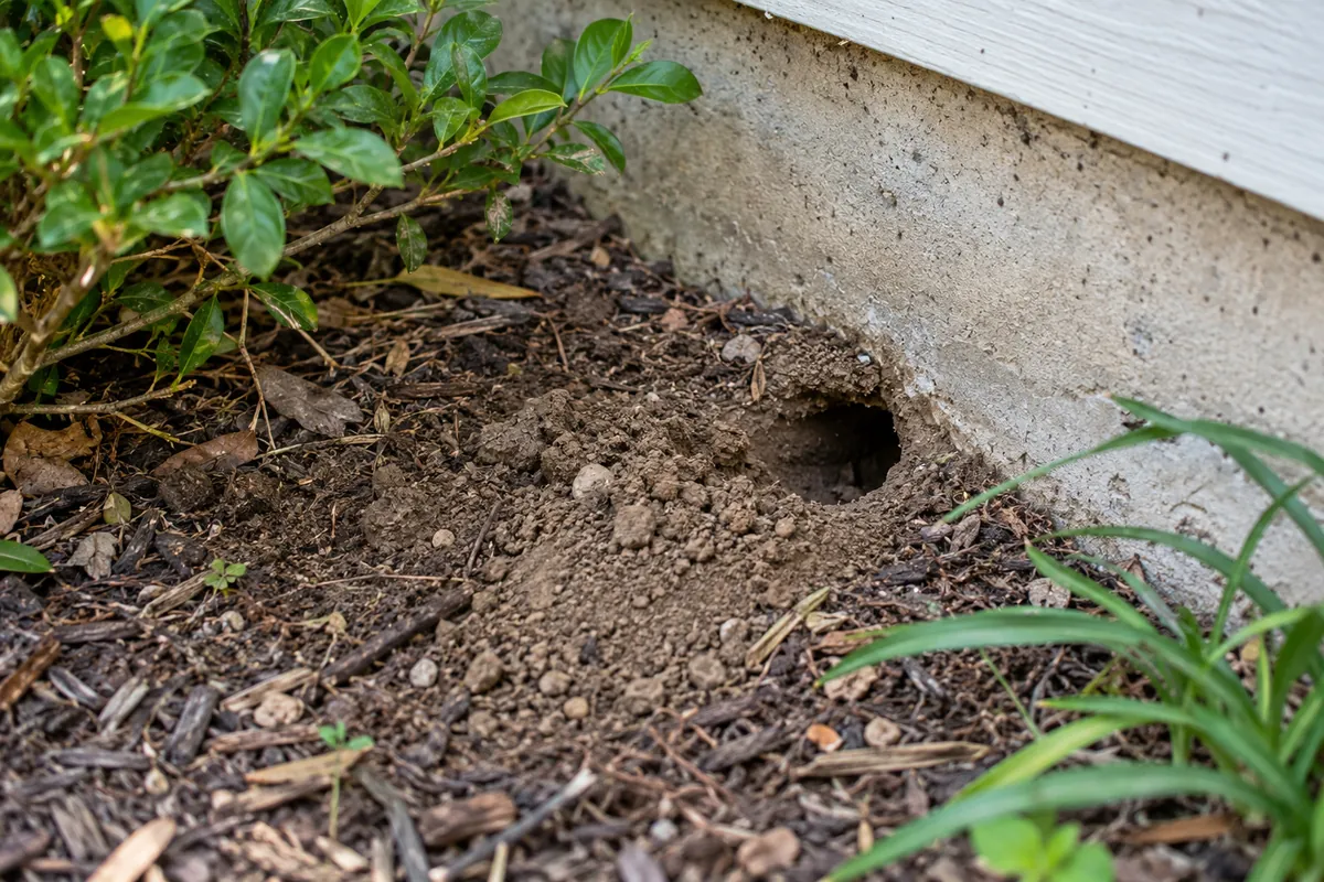 Rat burrow beside a house foundation in a Toronto backyard