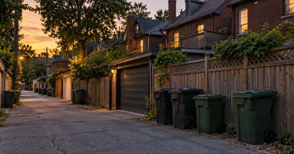 Toronto laneway with garbage and green bins where rats look for food