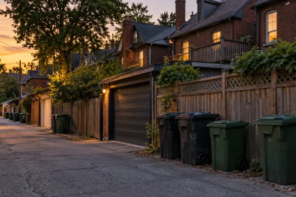 Toronto laneway with garbage and green bins where rats look for food