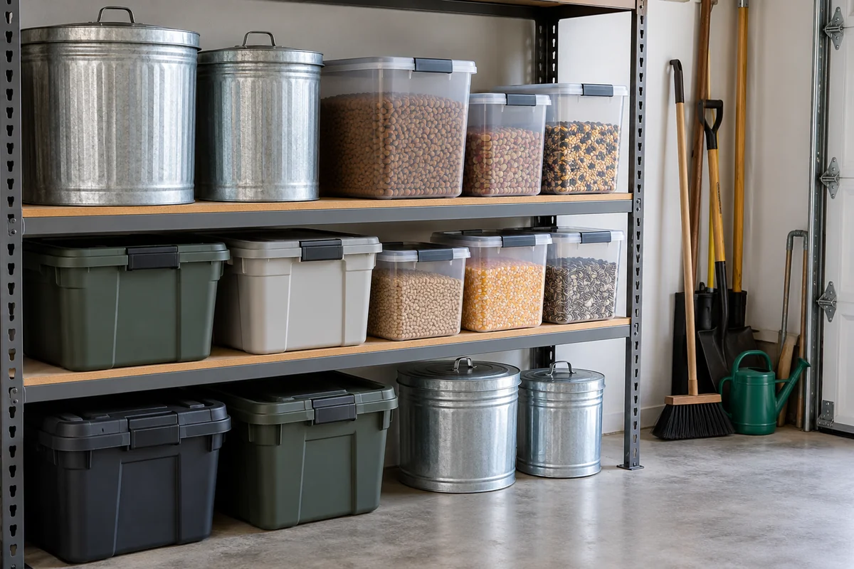 Pet food and birdseed stored in sealed bins to keep rats out of the garage