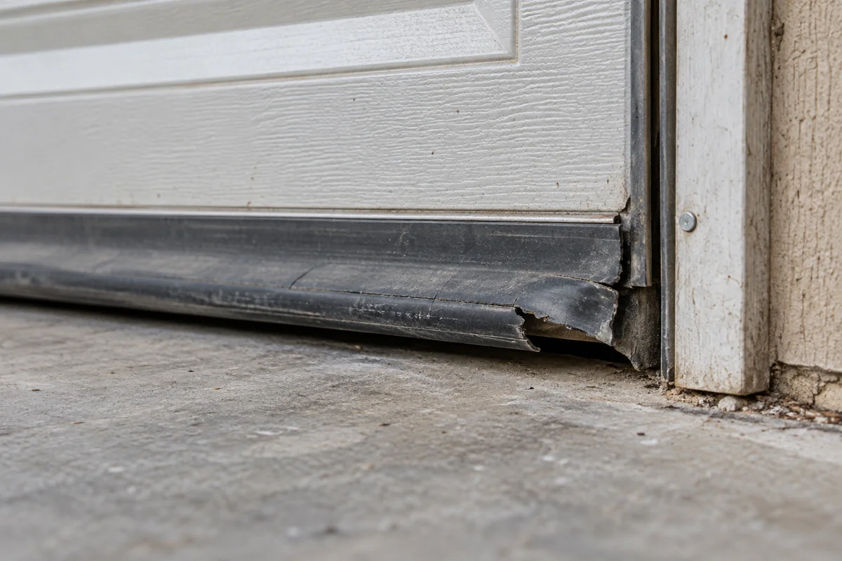 Worn garage door bottom seal with a gap rats can use to get in